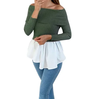 

Spring Autumn Off Shoulder Sweater Women Pullover Warm Knitted Sweater Ladies Long Sleeve Patchwork Women Loose Sweater Tops