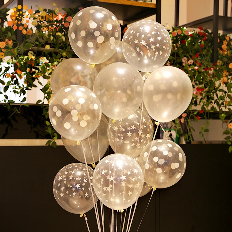 10pcs 12inch Transparent Bubble White Dot Latex Balloon Happy Birthday Star Moon Printed Balloons Festival Wedding Party Decor | Дом и сад