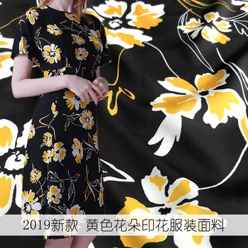 

2020 new yellow flower printing fabric for dress skirt shirt handmade DIY fabric good satin polyester fabric wholesale