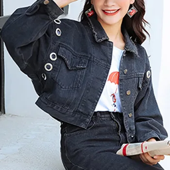 

Women's Fashion Denim Jacket Basic Women Coats Long Sleeve Washed Crop Jeans Vintage Loose Girls Outwear Decorative Pockets
