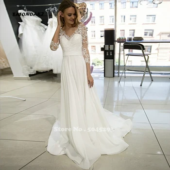 

SATONOAKI White Ivory Wedding Dresses Long Sleeves V-neck Chiffon Beach Boho Wedding Gowns for Bride Back Zipper with Buttons