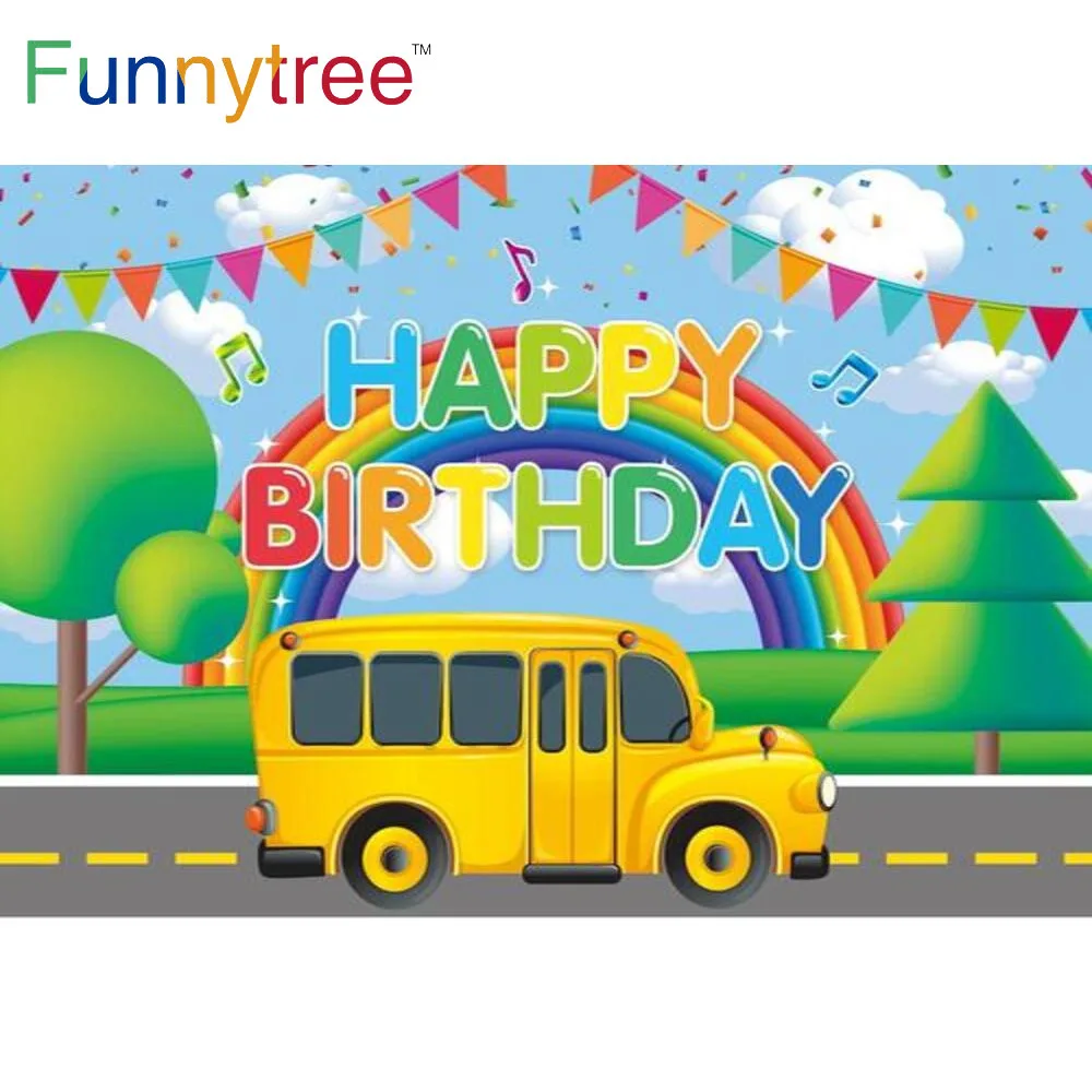 Фон Funnytree для фотосъемки с изображением школьного автобуса на день рождения