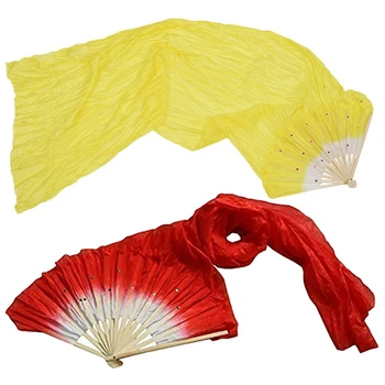 

Promotion! 2 Pcs Hot Sale 1.8M Hand Made Belly Dance Dancing Silk Bamboo Long Fans Veils Red & Yellow