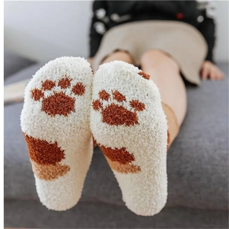 Calcetines térmicos de felpa para mujer, medias mullidas con bordado de  pata de gato, algodón grueso, dibujos animados para dormir - AliExpress