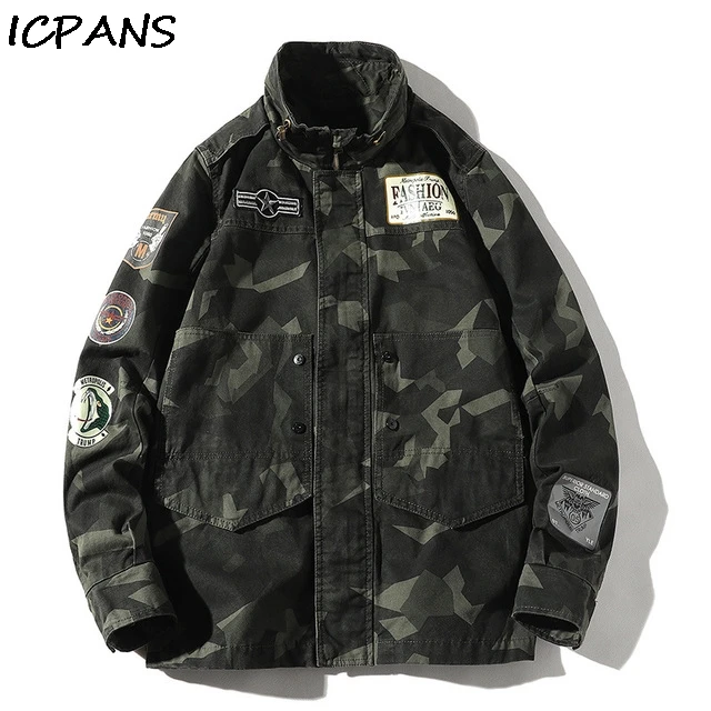 

ICPANS Winter Jackets Men Stand Collar Camo Camouflage Denim Jacket Men Tracksuit Coat Men Hip Hop Streetwear Pockets Outwear