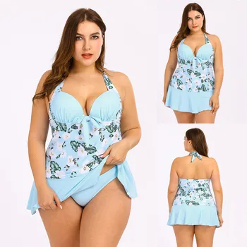 

Women Bow Tie Print Plus Size swimwear Layered Flounce Tankini Set Two Piece Swimsuit summer swimwear купальник#G4