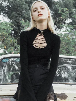 

PUNKRAVE early autumn wear carefully machine t-shirt female minority tide trumpet sleeves shirt Slim sexy hollow bottoming shirt