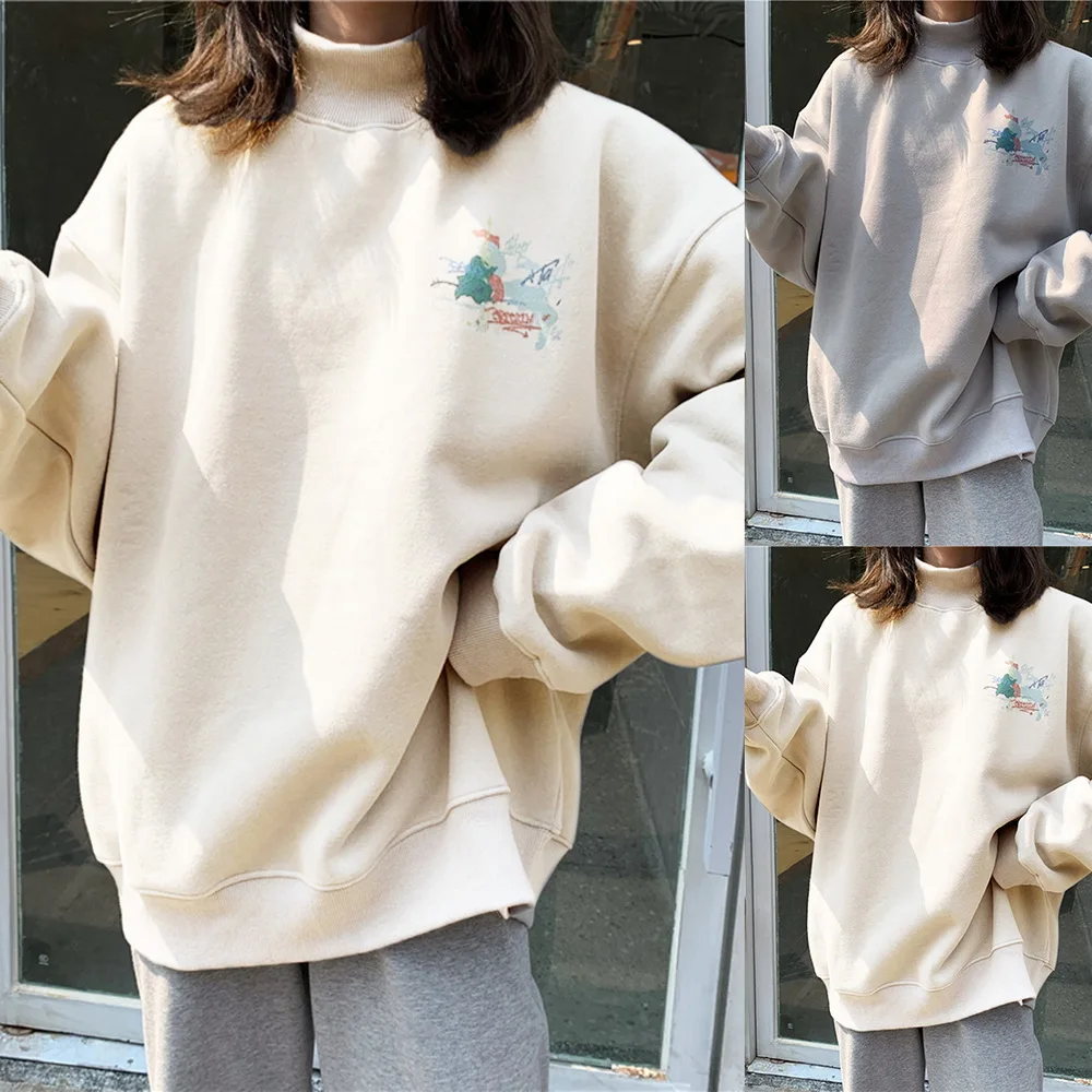

Oversized Velvet Warm Hoodies Women's clothes tops harajuku Printed Turtleneck Kawaii Simple Pullover Korean Style sweatshirt