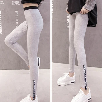 

Silid Color Leggings Women Harajuku High-Elastic Sports Letter Print Leggings Airy Threaded Wild Feet Long Pants #25