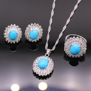 

JINYAO Fashion Blue Stone AAA Zircon White Gold Color Pendant Necklace Earrings Ring Set For Women Party Accessories Jewelry