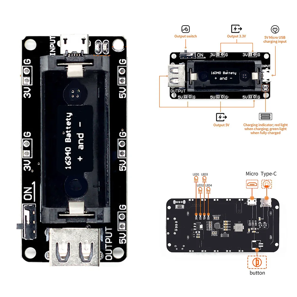 ESP8266 ESP32 Dual 5V And 3.3V Output 4.5V-5.5V Rechargeable 16340 Lithium Battery Charger Shielding Module USB For Arduino | Инструменты