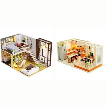 

2 Set DIY Wooden Doll House Toy Dollhouse Miniature Assemble Kit with LED Furnitures, Simple City & Livable