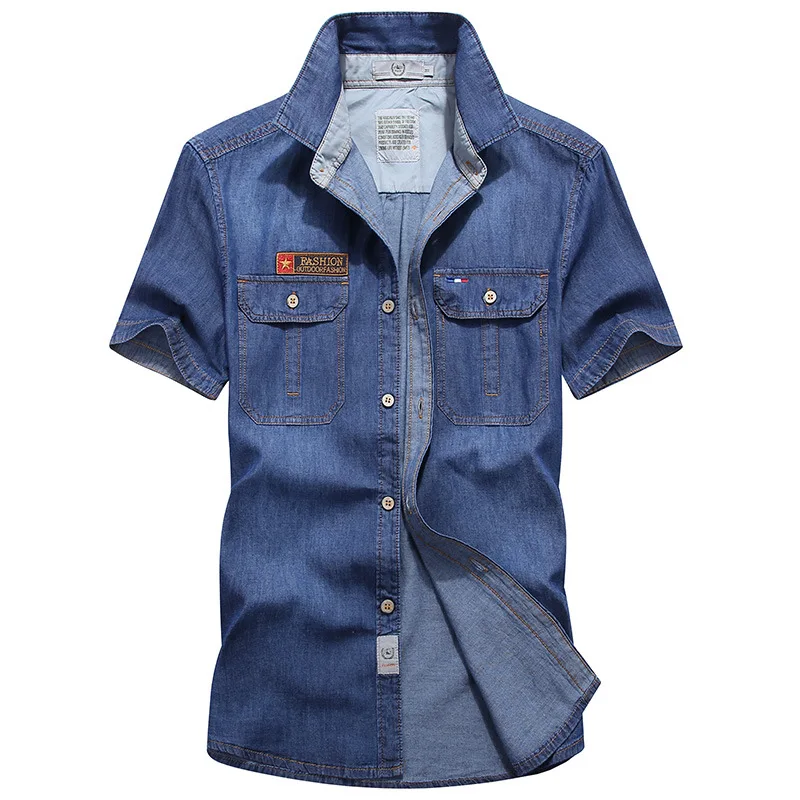 

New Short Sleeve Denim Shirt Men Blouse Oversize Summer Solid Pure Cotton Vintage men's Shirts brand clothing