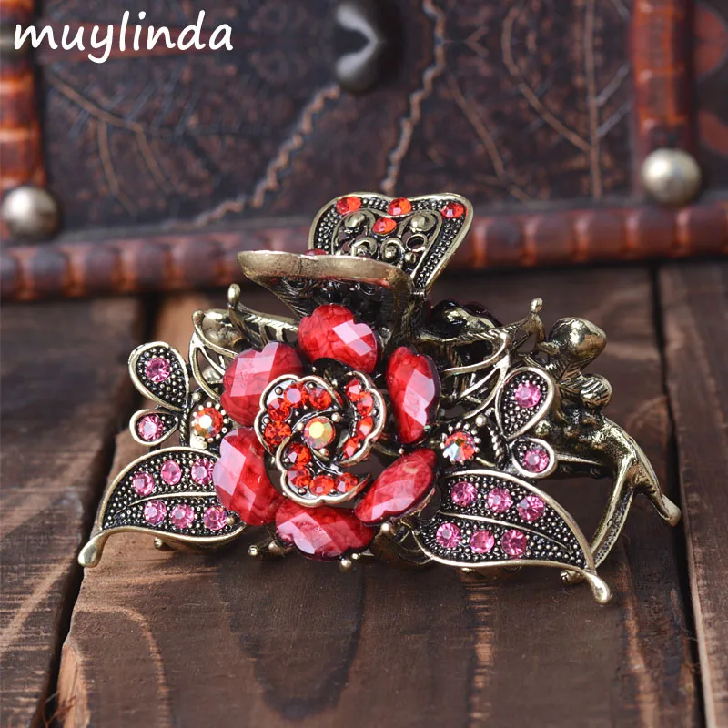 Vintage Hair Jewelry Antique Metal Flower Hair Claws Rhinestones Clip For Women Girls