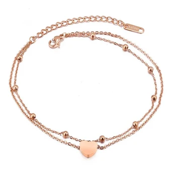 

Rose Gold Color Beads Anklets for Women Double Layer Stainless Steel Heart Charm Foot Chain Ankle Bracelets Fashion Leg Jewelry