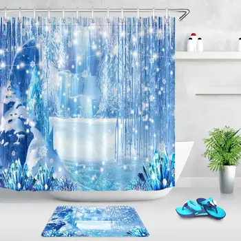 

Blue Shower Curtains Christmas Winter Freeze Snow Mountain Snowflake Ice Bathroom Curtain Fabric Polyester for Bathtub Decor