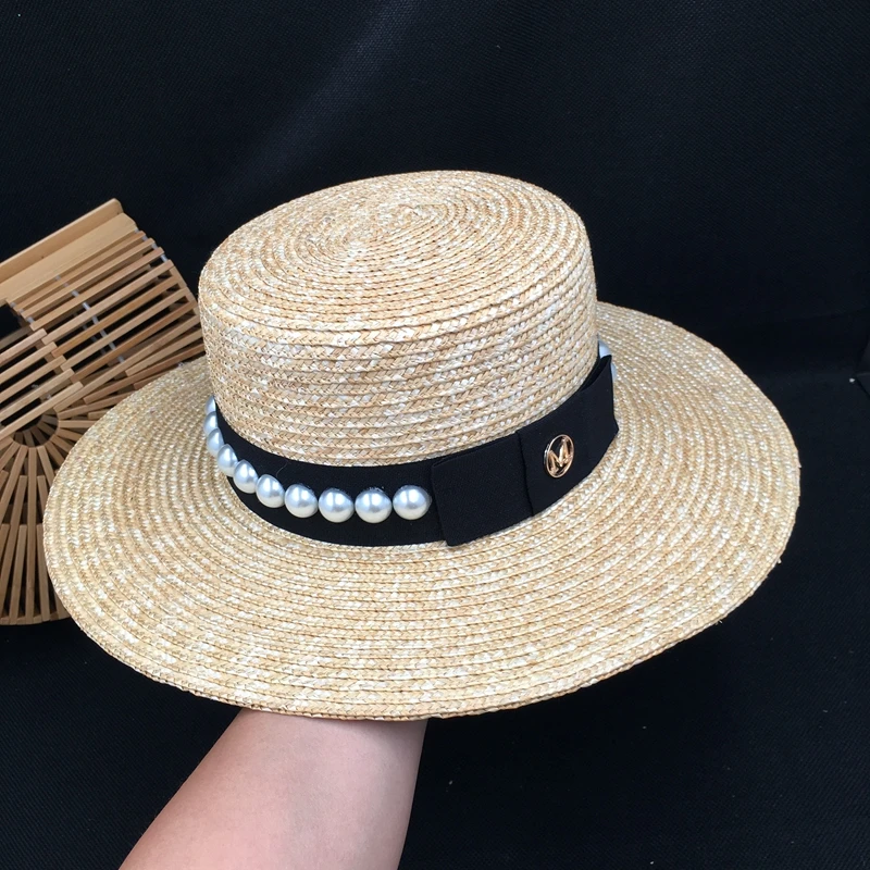 Новая весенняя и летняя соломенная плоская шляпа, соломенная женская элегантная маленькая Кепка с жемчугом, праздничный козырек, французская модная шляпа