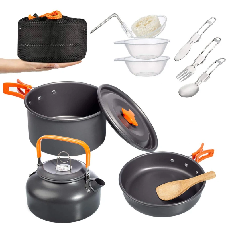 9Pc Aluminium Camping Picnic Pot Camping Utensils Cookware Set with Kettle Outdoor Kitchen Utensils Set With Fork Spoon Knife