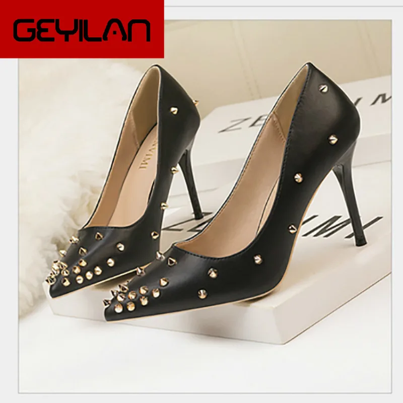 

Women Pumps Rivet Fashion High Heels Shoes Black Pink Yellow Shoes Women Bridal Wedding Shoes Ladies Shoes