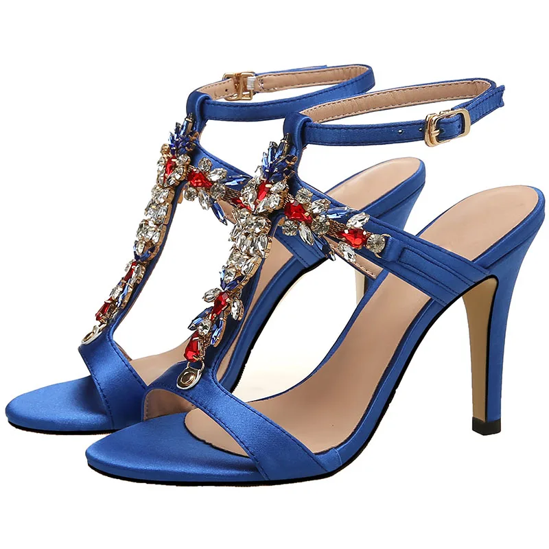 

Summer Multi Rhinestone Embellished T-straps Sandals Ladies Gem Crystal Silk Slingbacks Thin Heels Wedding High Heels Shoes
