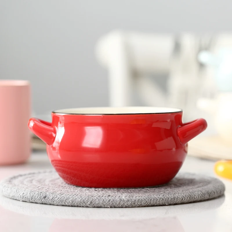 

Double ear soup bowl household baking microwave oven bowl lovely tableware ceramic surface bowl Children tableware