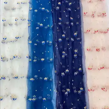 

5 Yard Non-elastic Swiss Mesh Embroidery Gold Lines Flower Lace Fabric Soft Fine Net Tecido Designer DIY Material Fabric by The