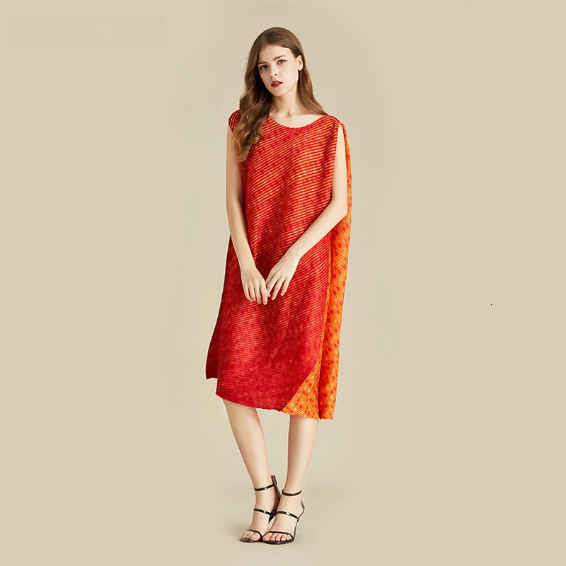 

Fashion Tide Fashion Summer Pattern New Plaid Round Neck Sleeveless Slim Thin Orange Women The Pleated Dress Wild AD173