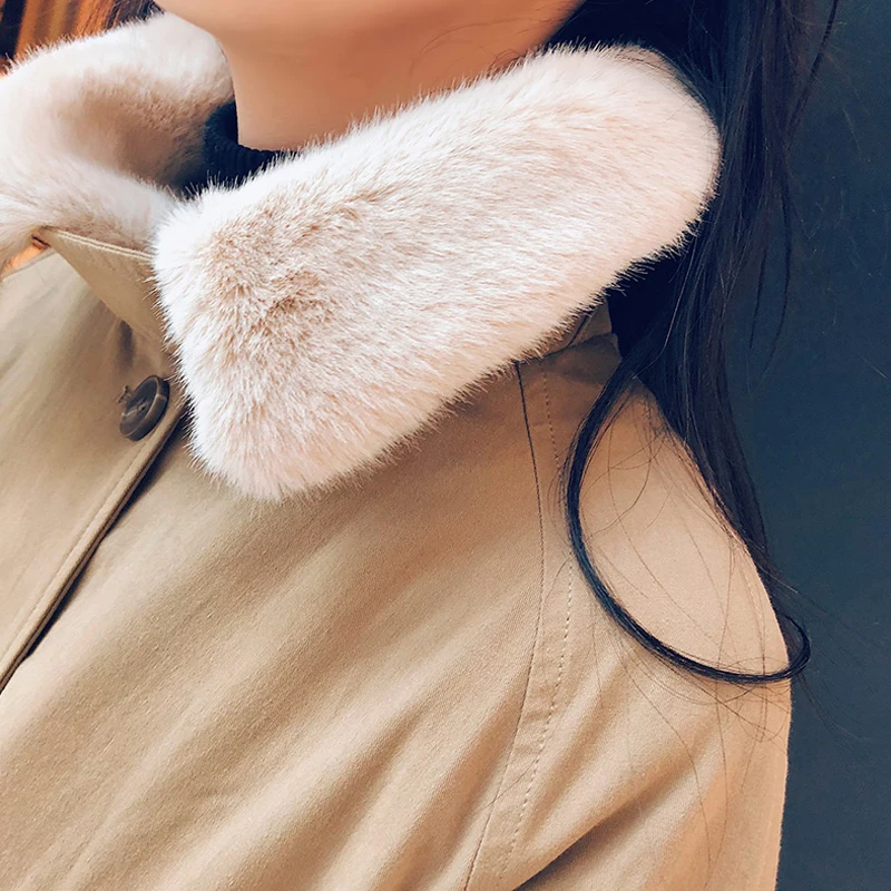 Зимнее длинное пальто для женщин воротник из кроличьего меха плюс размер