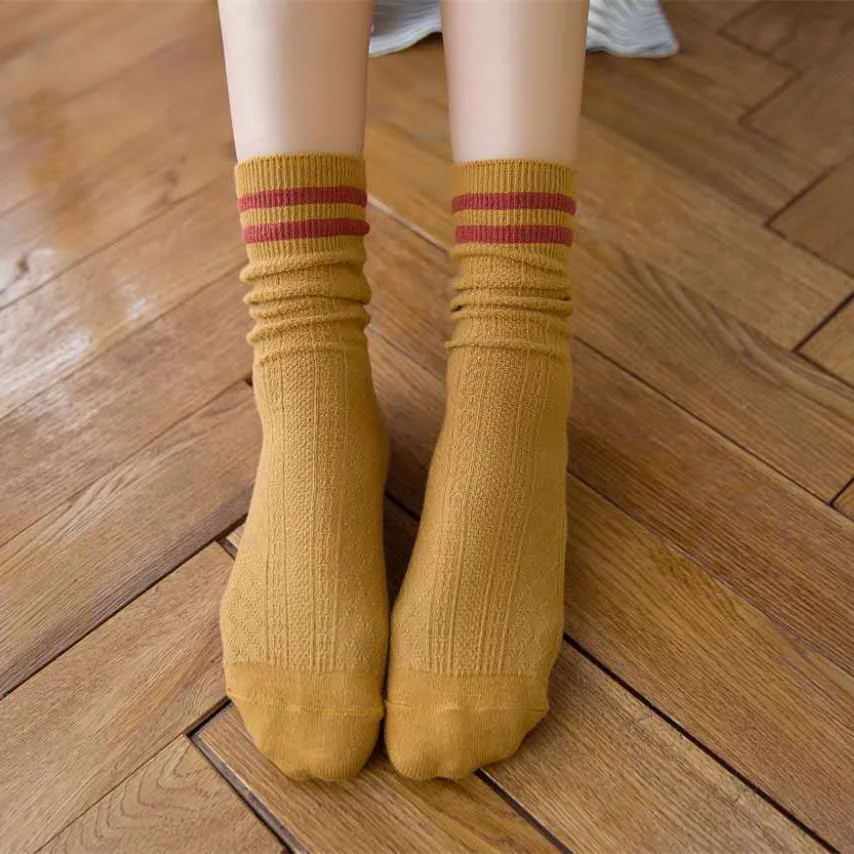 Корейский стиль, носки на среднем каблуке, хлопковые, толстые, длинные, полосатые, повседневные, Ретро стиль, Harajuku, носки для женщин, женские - Цвет: yellow