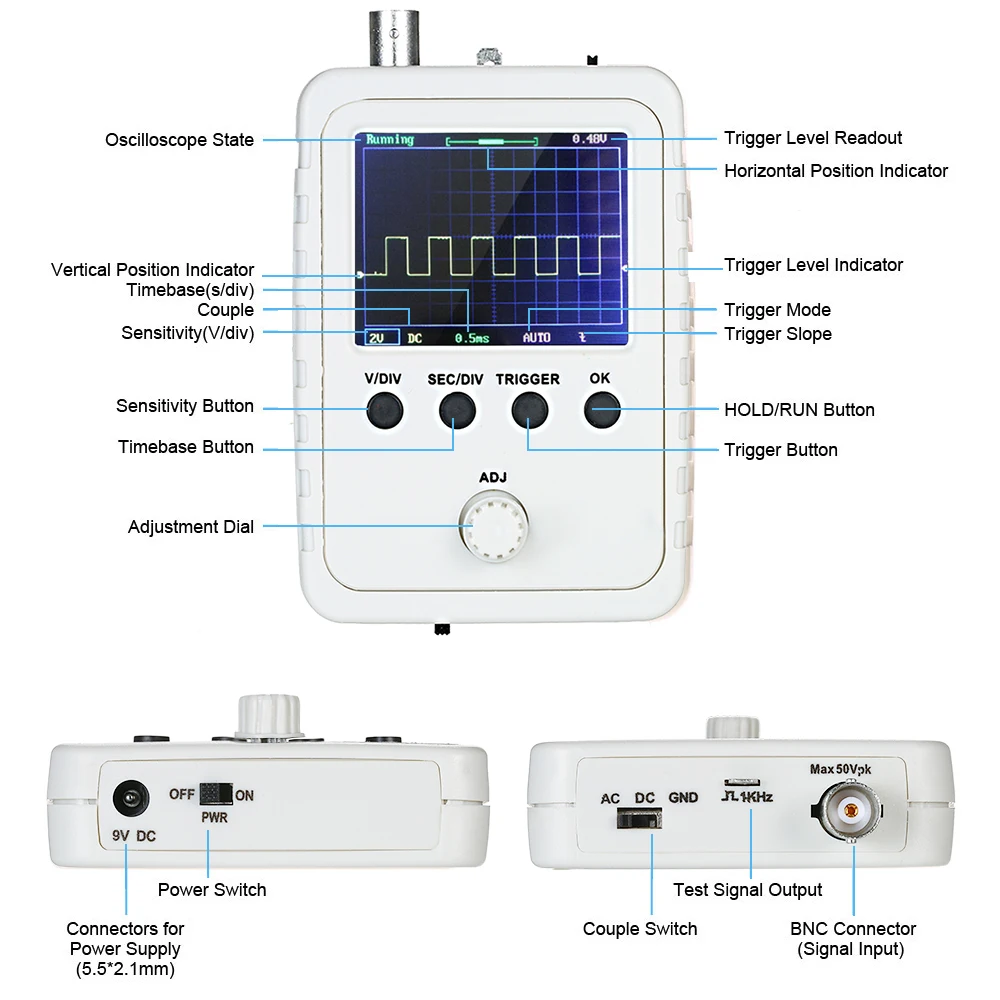 KKmoon 2," портативный мини цифровой осциллограф TFT логический анализатор комплект с адаптером питания и bnc-клипсой осциллографа кабельный зонд