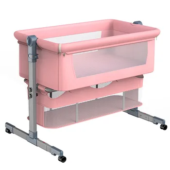 

European Style Portable Movable Crib with Cradle Foldable Height Adjustment Splicing Bb with Roller Big Head Bed Baby Lift