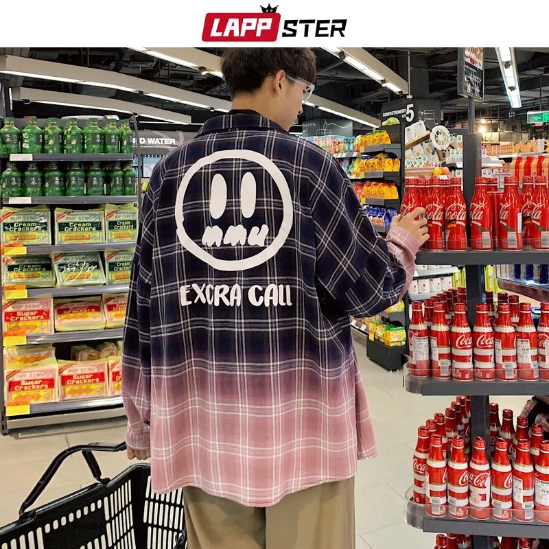 

LAPPSTER Mens Korean Smile Hip Hop Shirts Long Sleeve 2020 Tie Dye Casual Plaid Shirts Mens Harajuku Shirts Women Button Shirt