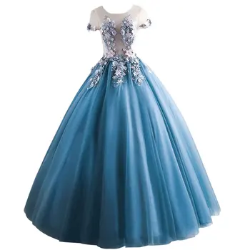 

Elegant Romantic See-through Prom Ball Gowns Princess Scoop-neck Cap-sleeve Appliqued Beading Floor Evening Formal Dress