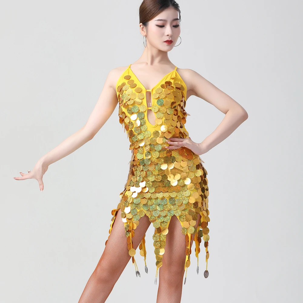 Shiny Women Latin Dance Dress Costumes Asymmetric Motel Sequin Fringe Coins  Keyhole Lace-Up Back Bandage Mini Short Dress - AliExpress 200000532