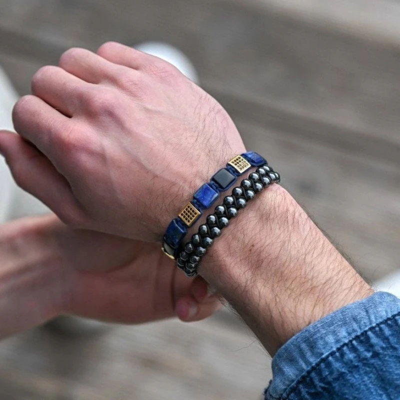 natural stone square beads braided men bracelet set