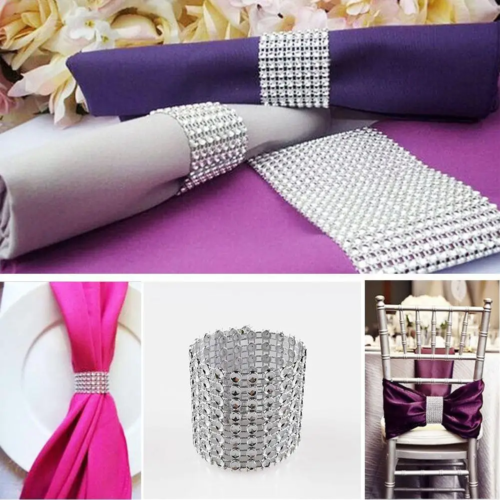 IdealHouse 50PCS/100PCS Elegant Napkin Ring with 8 Row Rhinestone Pretty Napkin Holder Decoration for Wedding Party
