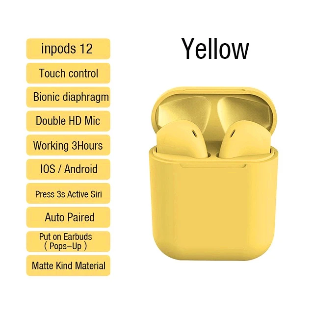 yellow Inpods i12 tws Bluetooth наушники матовые беспроводные наушники автоматическое подключение портативные наушники Спортивная гарнитура Музыка для всех Smartpho - Цвет: yellow