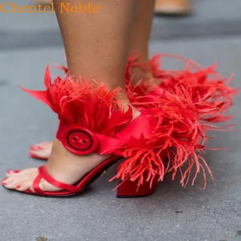 

2019 Runway Red Feather Sandals Fringe Buckle Strap Women Open Toe Sandals Ladies Sexy Block High Heels Party Gladiator Sandals