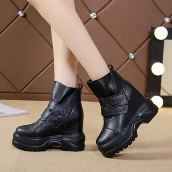 preço Mulher Outono Botas Casuais Das Senhoras Grossas Plataforma Cunha Preto Couro De Patente Botas De Tornozelo Branco Punk Goth Nova Chegada 2020