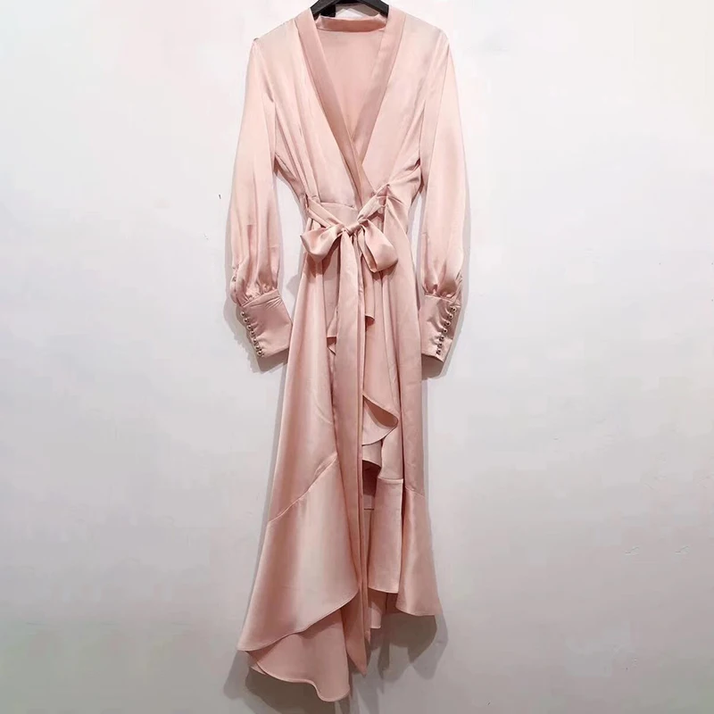 pink TWOTWINSTYLE необычное элегантное женское платье с v-образным вырезом и рукавами-фонариками, с высокой талией, с бантом, на шнуровке, с рюшами, платья для женщин, новинка - Цвет: pink