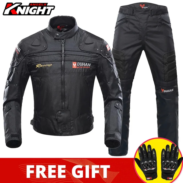 DUHAN Motorcycle Jacket Pants Suit Waterproof Racing Jacket Protective Motocross Lining Four Seasons Motorcycle Jacket Men S-3XL D-020 Black Suit