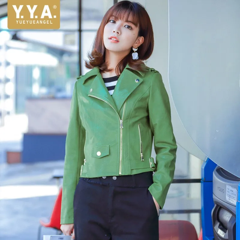 Autumn New Women Green Slim Short Pu Leather Coat Long Sleeve Fashion Zipper Biker Motorcycle Jacket College Leather Outerwear