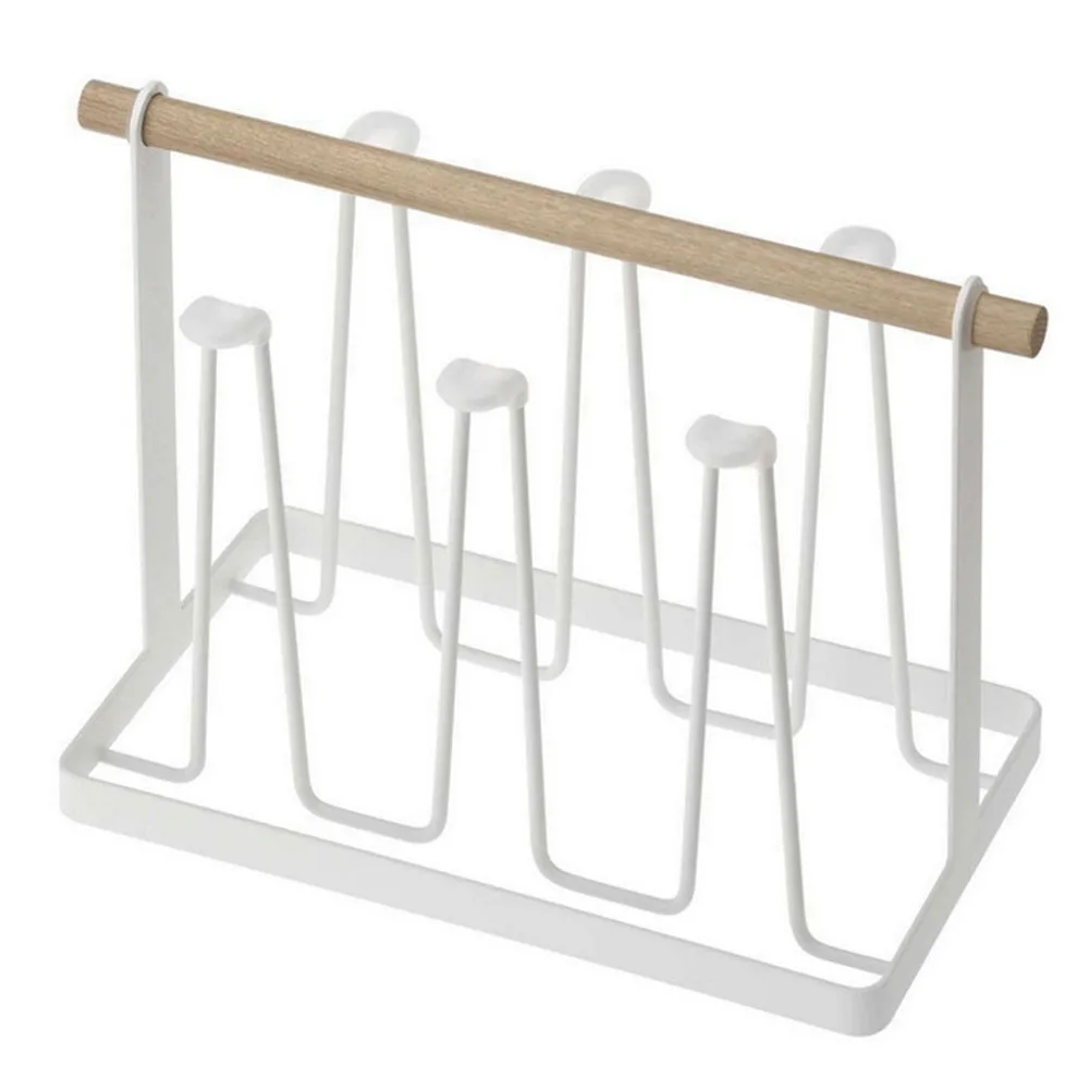 Dustproof With 6 Hook Hanging Cup Holder Storage Coffee Cups Stand Organizer Wood Drain Mug Rack Metal Storage Rack Drain Hanger