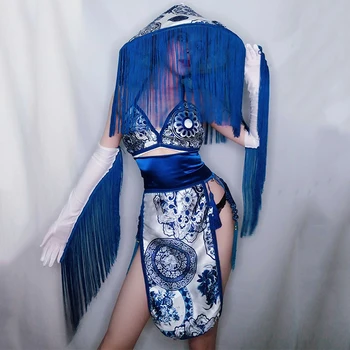 

Chinese Style Sexy Bikini Blue Tassel Hat Nightclub Bar Ds Costumes Festival Outfit Stage Clothes Rave Pole Dance Wear DT2145