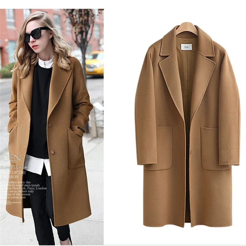 Осень зима Женская шерстяная куртка длинное шерстяное пальто Женская шерстяная верхняя одежда высокого качества Женская ветровка плюс размер M-5XL - Цвет: Camel