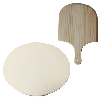 

1 Pcs 13 Inch Pizza Stone Extra Thick Pizza Tools & 1 Pcs 14 Inch Natural Wooden Pizza Tray Plate
