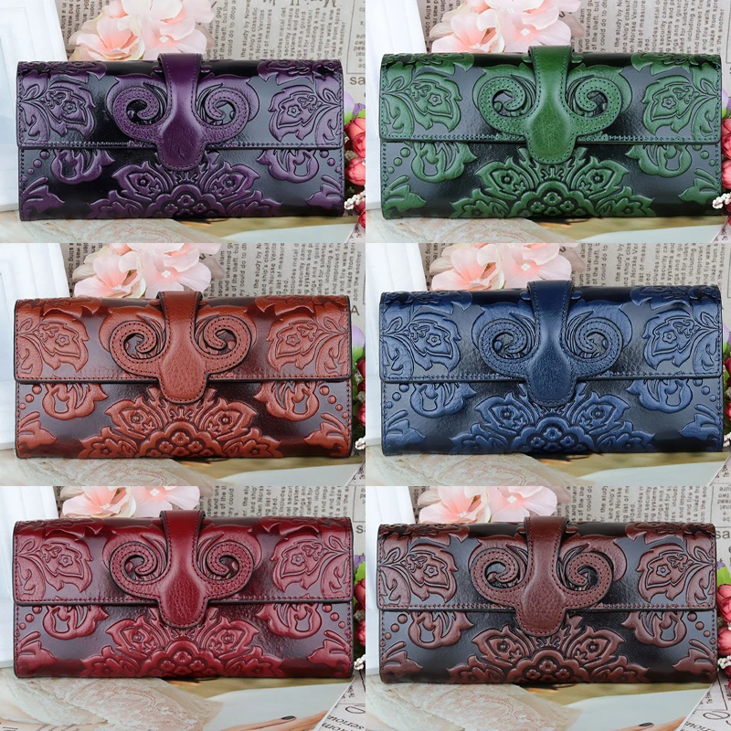 Retro Embossed Women's Clutch Premium Genuine Oil Waxing Leather Unique Embossed Floral Woman Purse  Long Cover Style Wallets