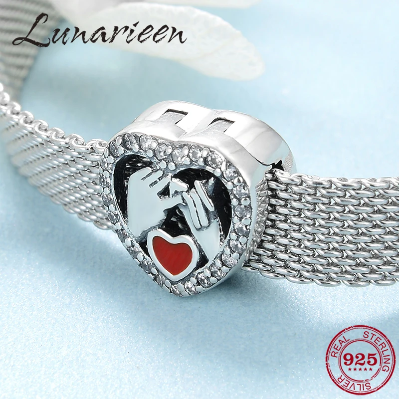 

New 925 Sterling Silver promise of love Pull hook red heart Clip Beads Fit Reflection Charms Bracelet For Women Jewelry Making