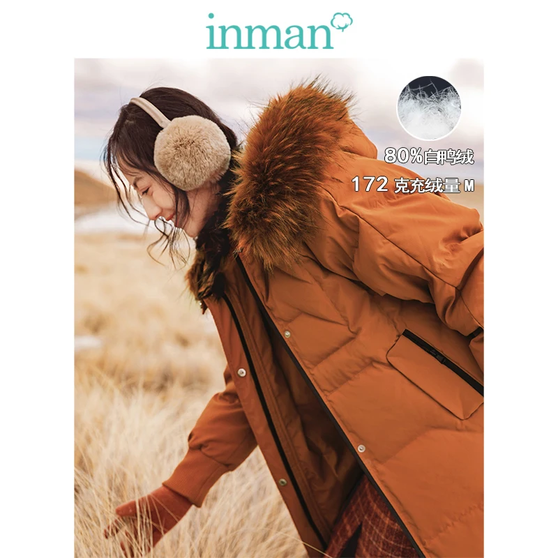 

INMAN Winter New Arrival Female INS Style Teenage Heart Fur Collar Hooded Slim Long Section Women Down Coat