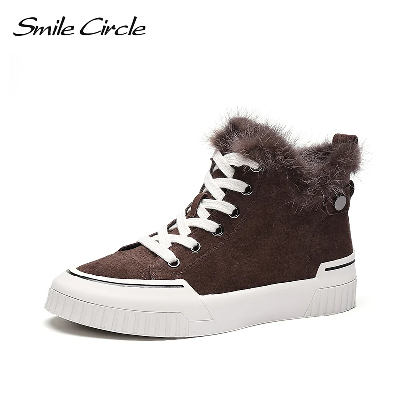 

Smile Circle Sneakers Women High-top Flat Platform shoes 2019 winter Fashion fur Lace-up Keep warm casual Ladies shoes